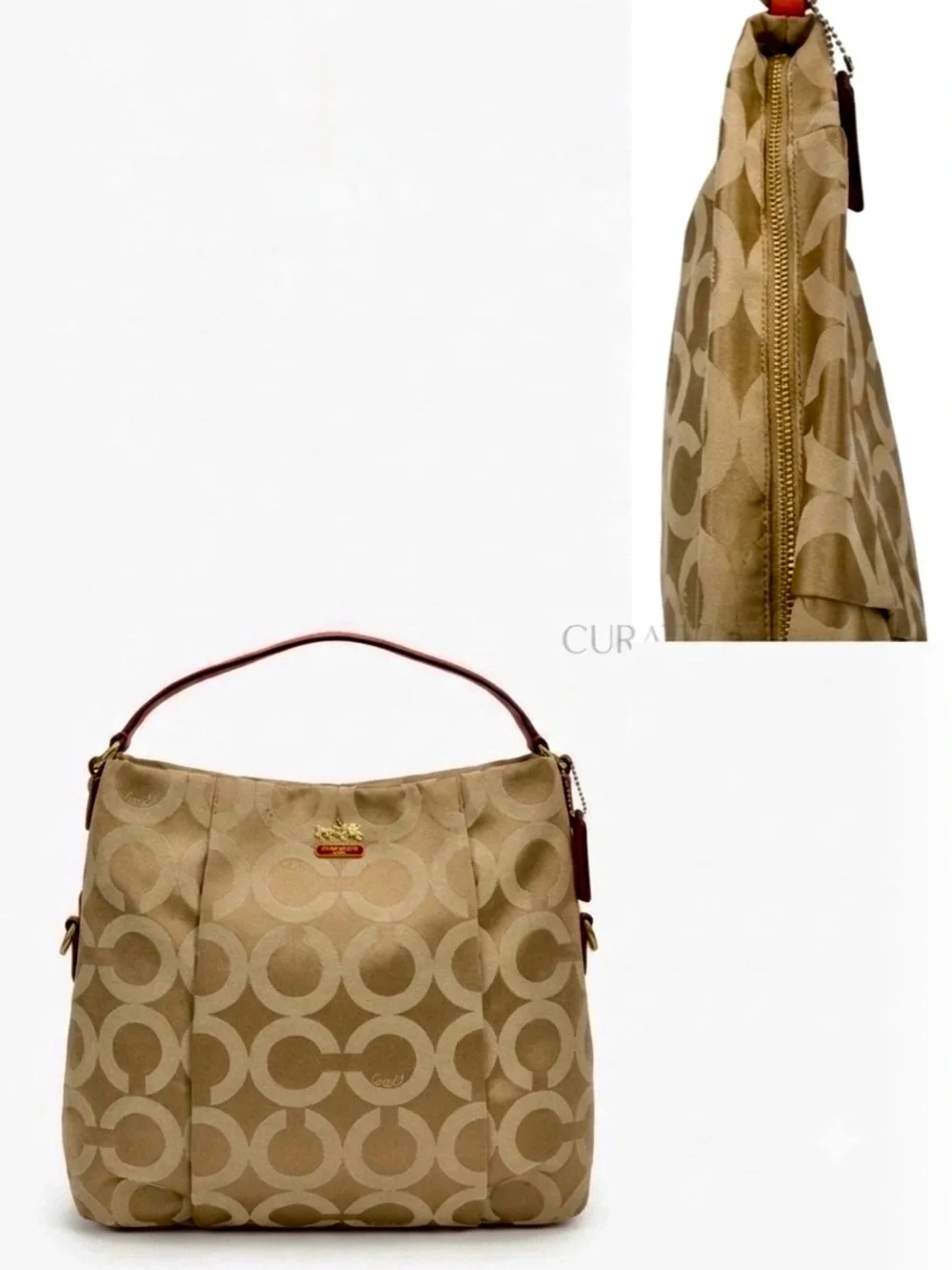 Coach Signature C Hobo Bag Beige Canvas & Vibrant Red-Orange Trim  Serial J1276